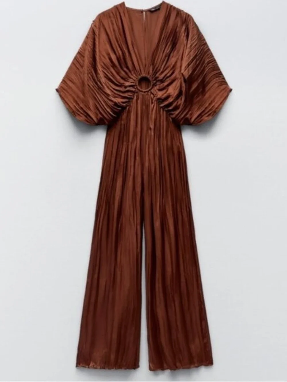 Zara - Rust Brown / Copper Pleated Wide-Leg Jumpsuit with Ring Detail